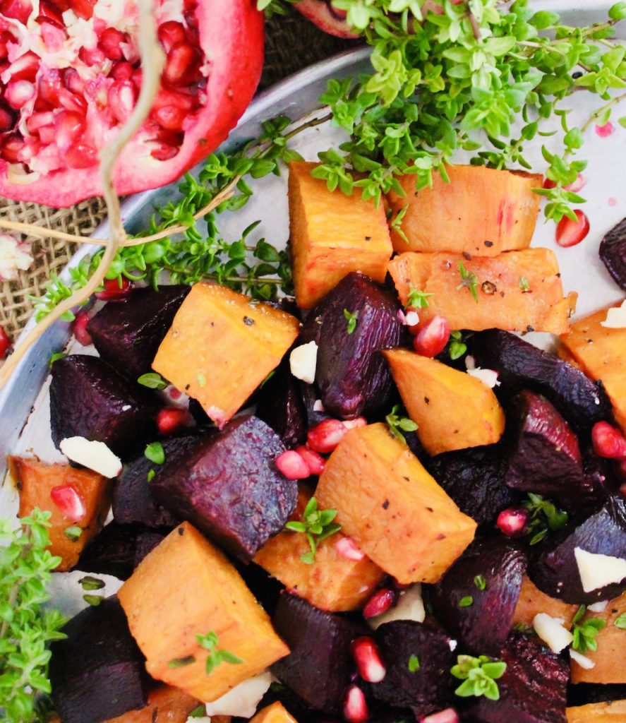 roasted sweet potatoes and beets with pomegranate and thyme