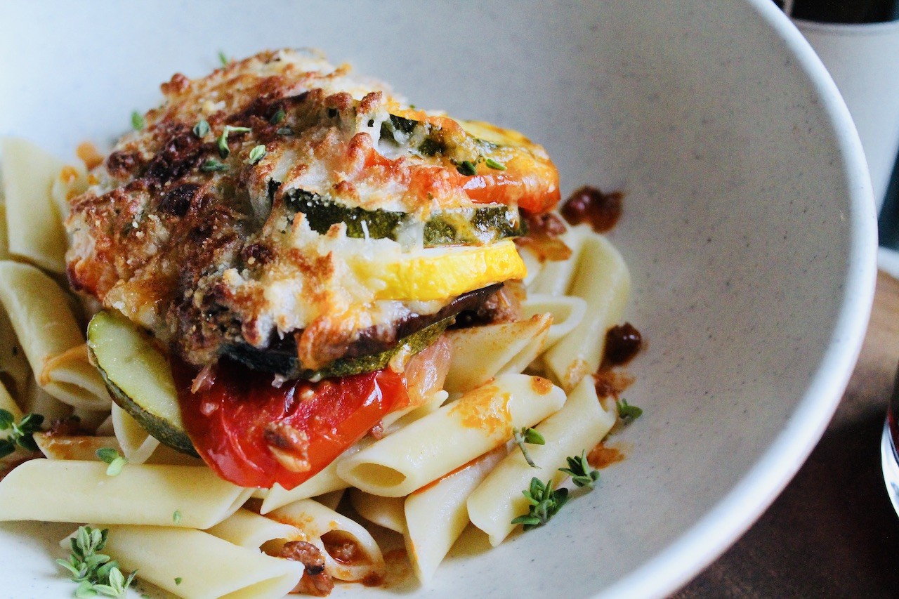 Halal ground beef ratatouille casserole with summer vegetables for healthy colorful dinner