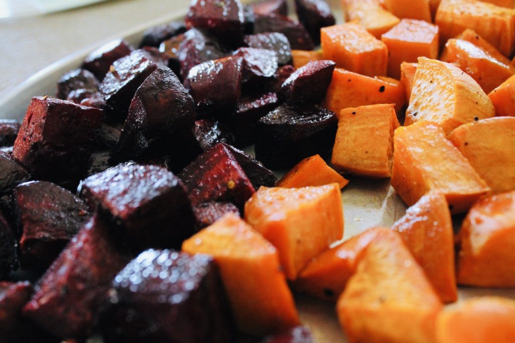out of the oven roasted beets and sweet potato