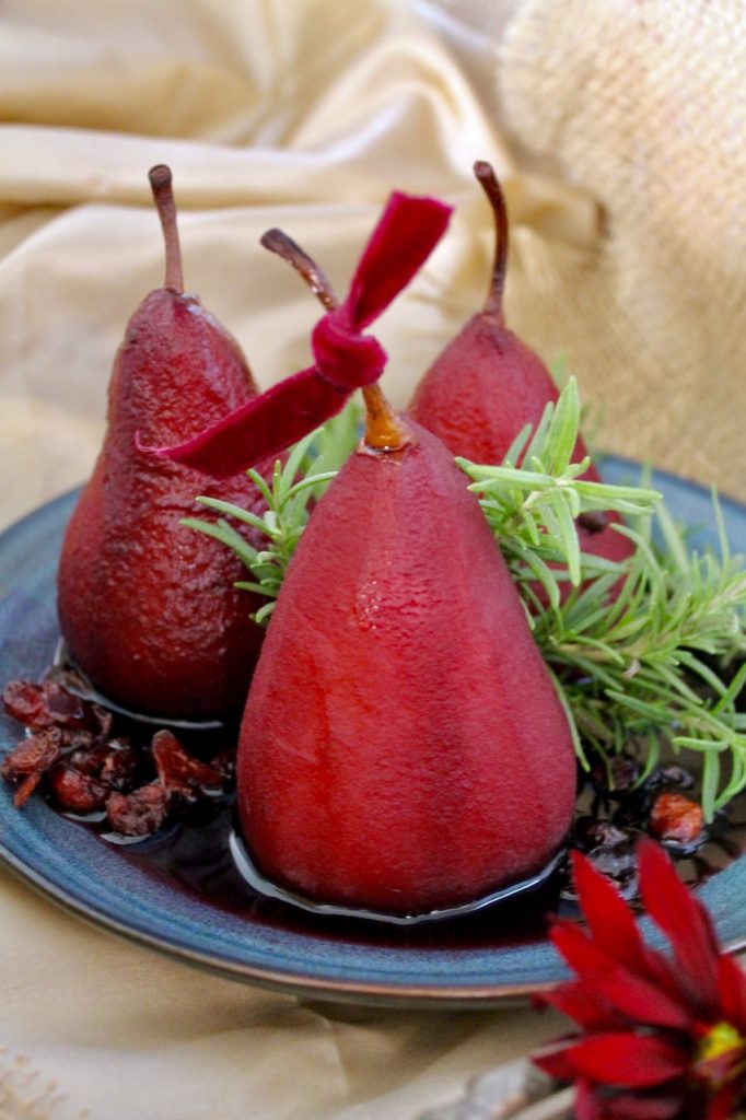 spiced red wine poached pears