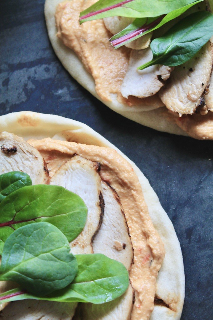 naan flatbreads with chicken and hummus