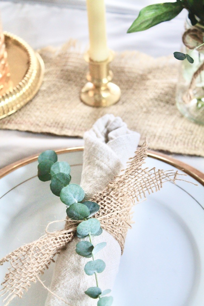 eucalyptus and burlap table decor