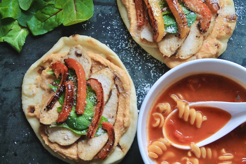 chicken flatbreads with hummus and soup