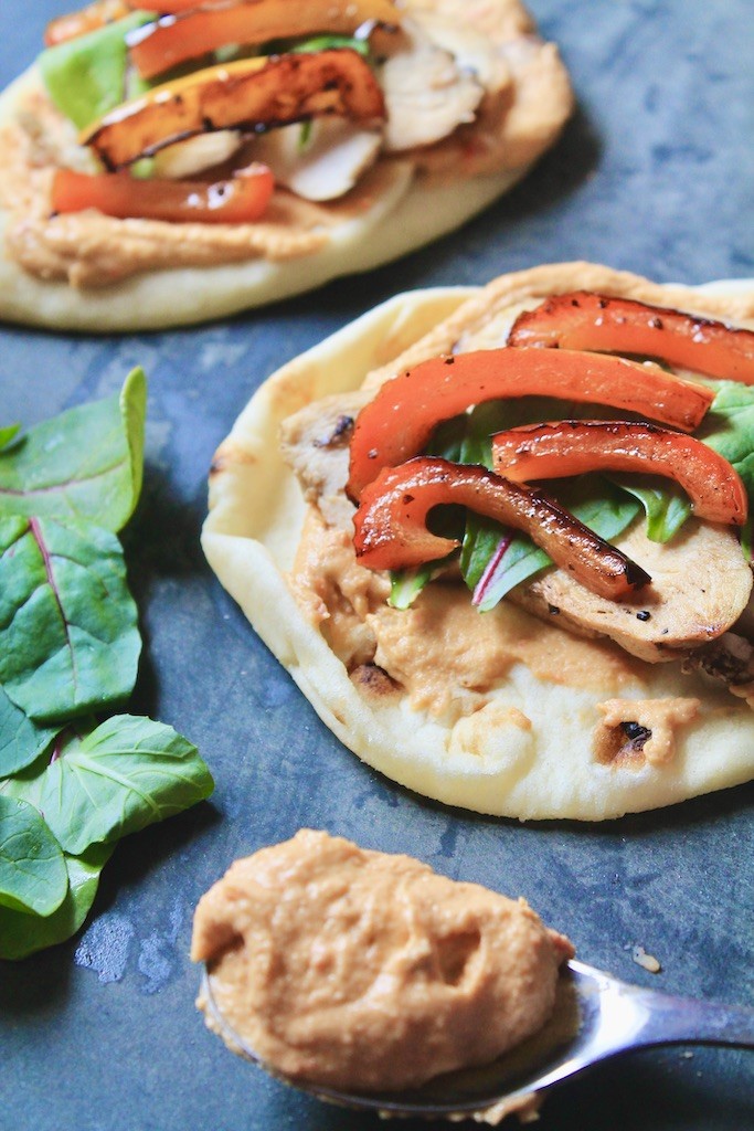 chicken and hummus flatbreads with greens