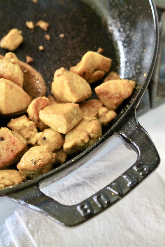 cook chicken breast cubes in the skillet