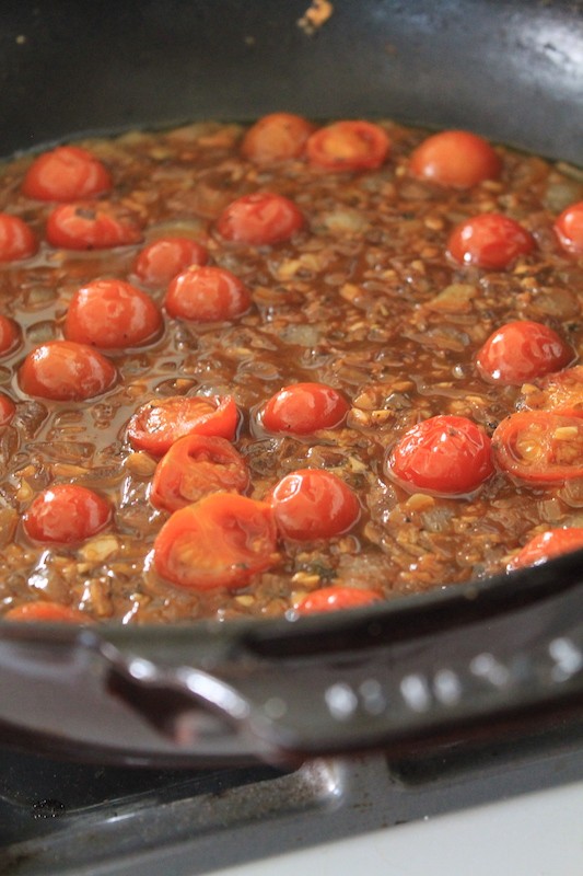 deglaze pan with white wine and add in cherry tomatoes