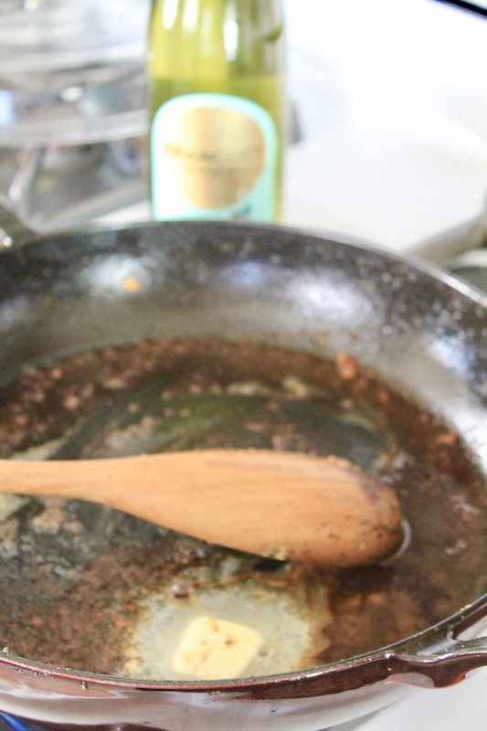 add a little white wine and butter to deglaze pan