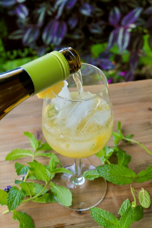 pour in simple syrup and dry white wine