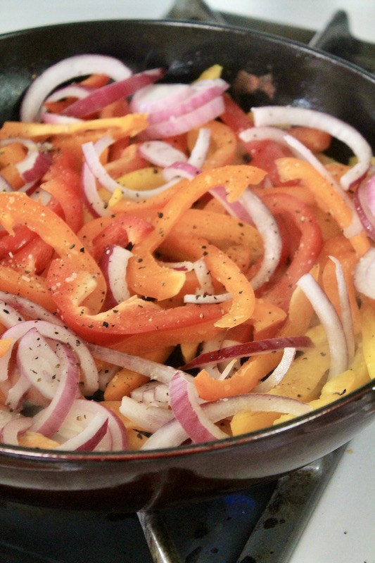 toss the peppers and onions together