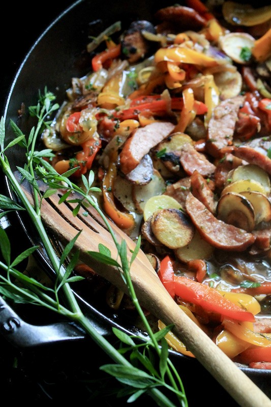 easy potatoes with smoked sausage and bell peppers skillet