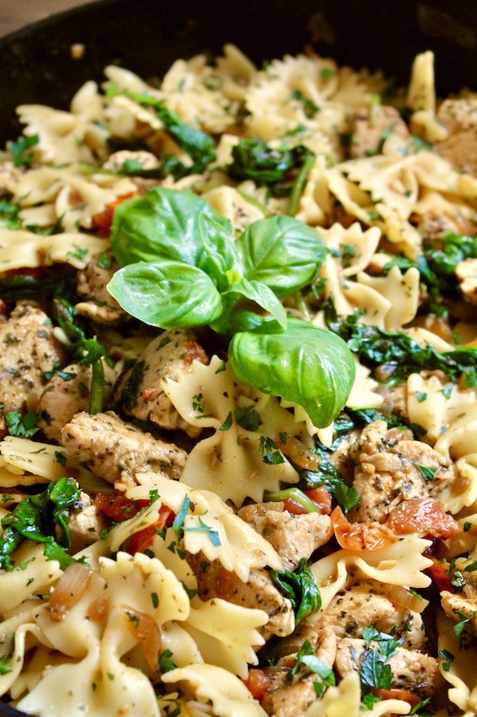easy bow tie farfalle pasta with chicken skillet dinner
