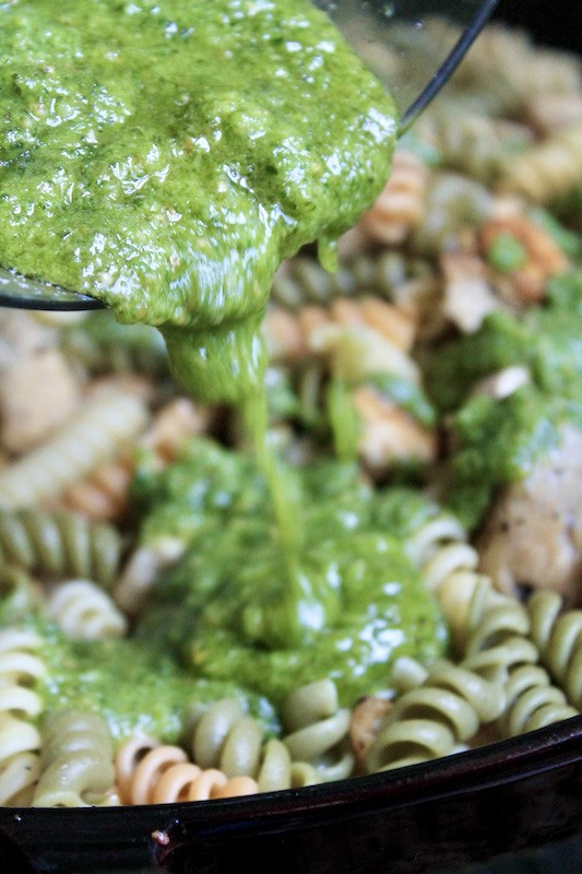 stir in fresh basil pesto sauce and stir everything to combine