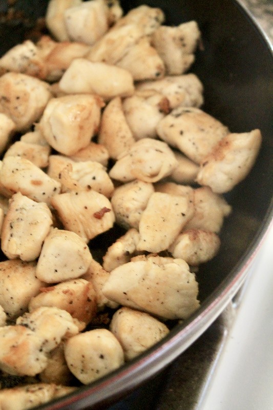 brown and cook the chicken cubes for 10 minutes