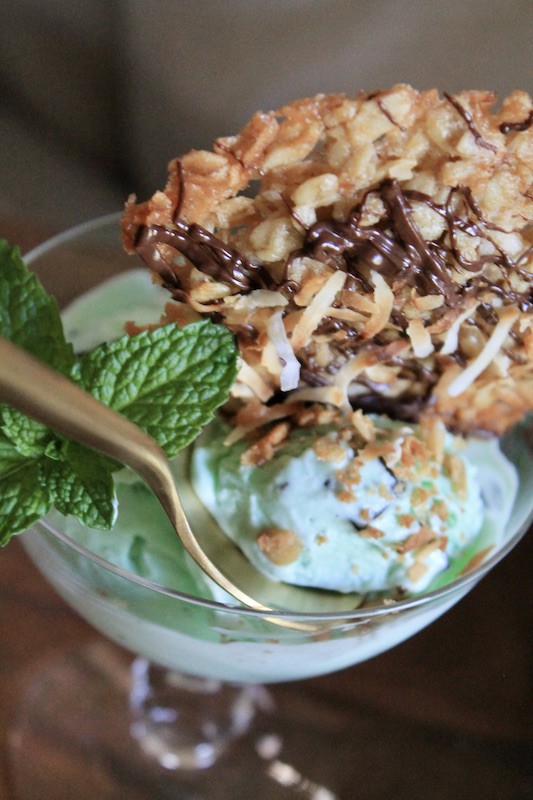 use Crispy Coconut Oatmeal Cookie Thins to garnish ice cream
