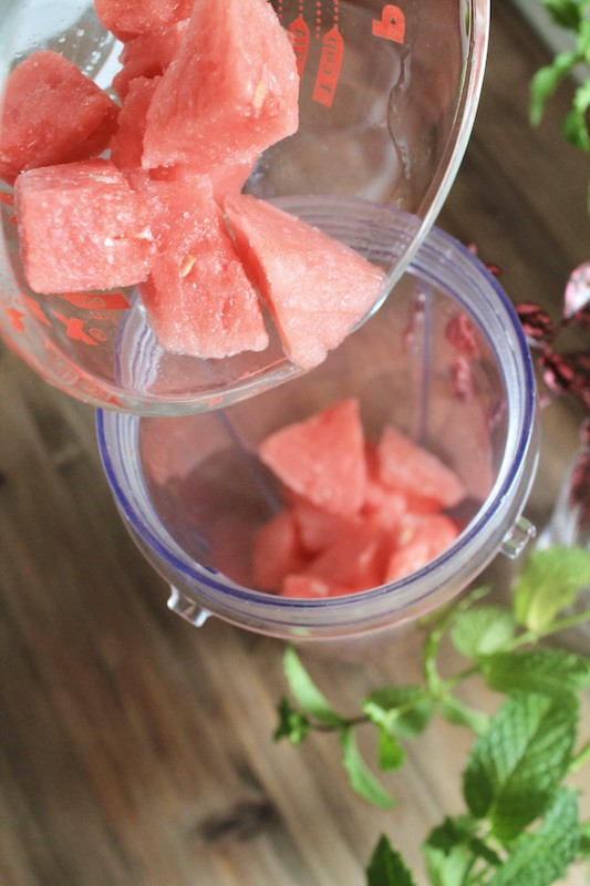 add frozen watermelon and strawberries to the blender