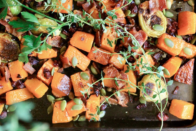 sheet pan roasted Brussel sprouts with butternut squash