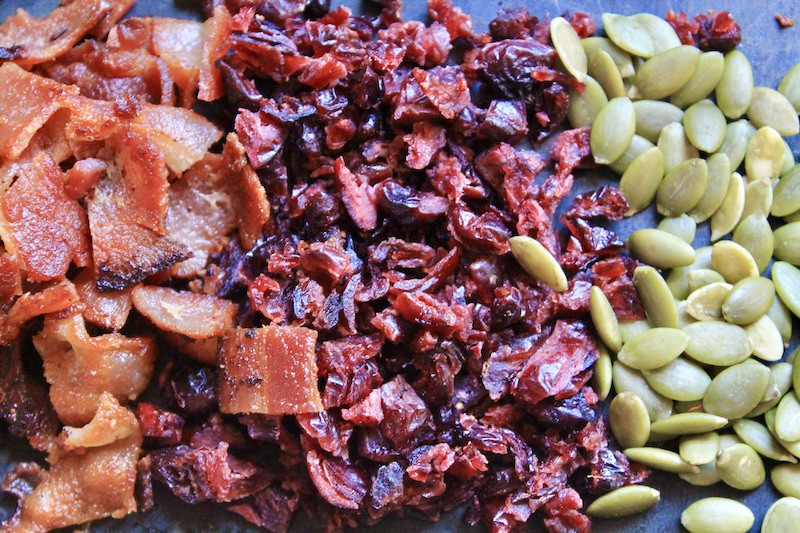 toppings of bacon cranberry and pepitas