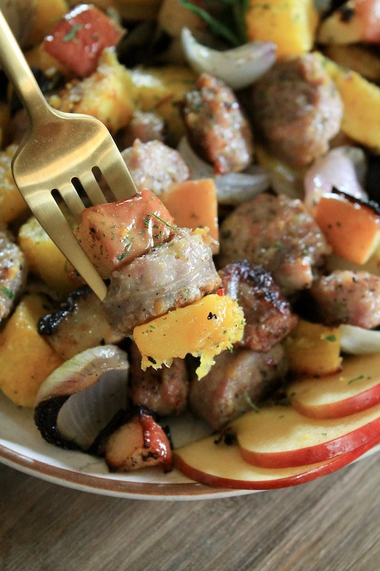 easy sheet pan dinner with sausage apples and squash