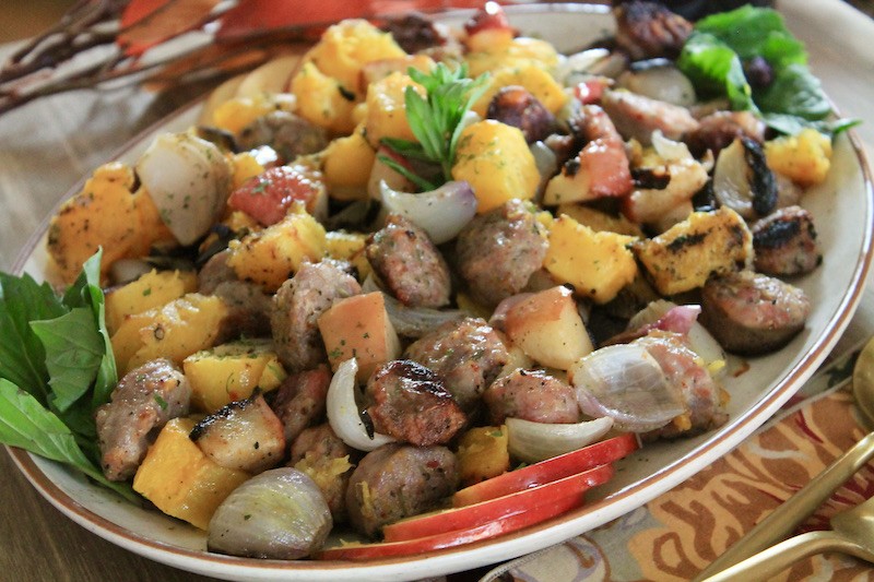 sheet pan sausage with apples and squash