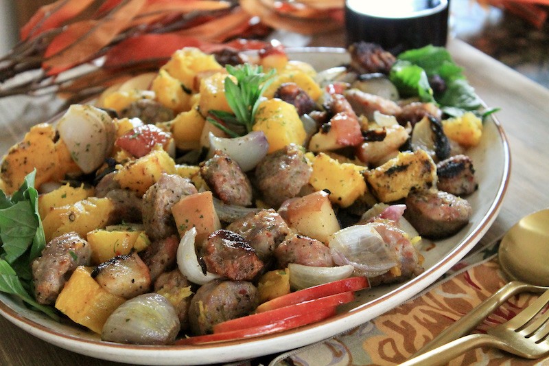 easy sausage apple and squash bake
