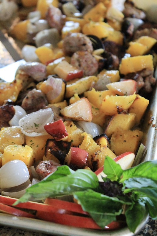 easy roasted sheet pan dinner with roasted sausage veggies apples and squash