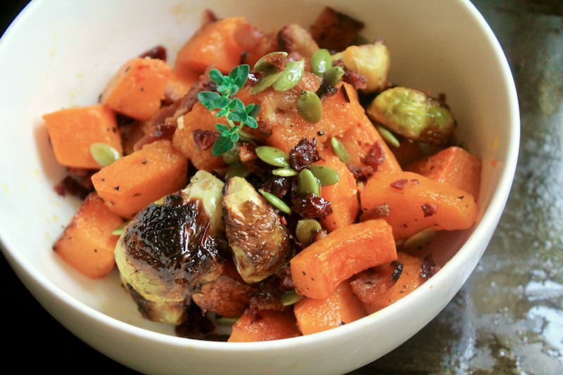 delicious roasted butternut squash with Brussels sprouts