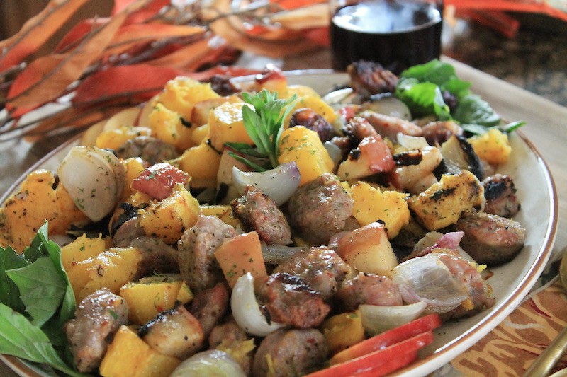 sheet pan sausage with apples and roasted squash