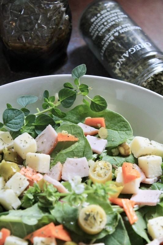 easy spicy salad with protein and cheese and spicy giardinaire