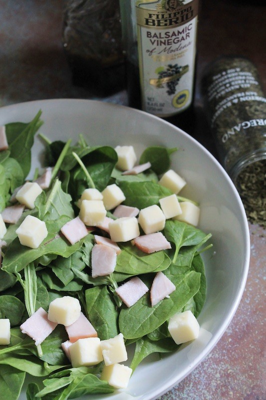 provolone cheese and smoky Canadian bacon green salad