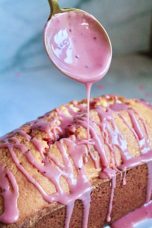 pink strawberry powder glaze for Valentine's Day pound cake dessert
