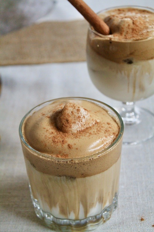 whipped cinnamon dalgona coffee with milk and rum