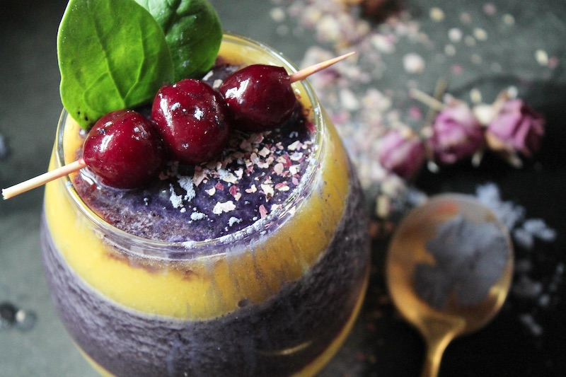mango cherry smoothie with butterfly pea flower powder