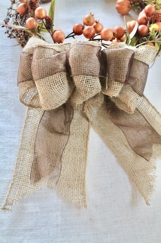 burlap bow fall wreath with pumpkins