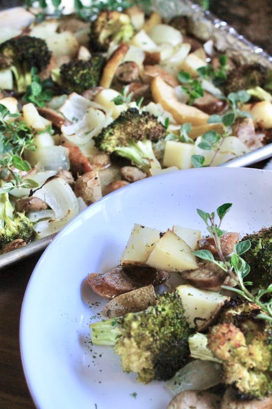 sheet pan potato broccoli chicken sausage dinner