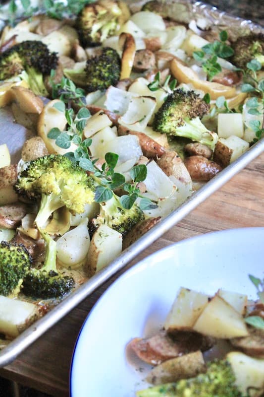 roasted apple broccoli chicken sausage dinner idea