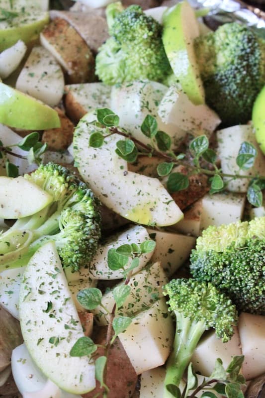 easy roasted broccoli and green apple chicken sausage recipe