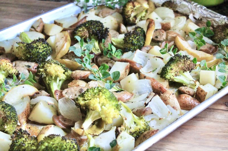 roasted broccoli green apple chicken sausage sheet pan recipe