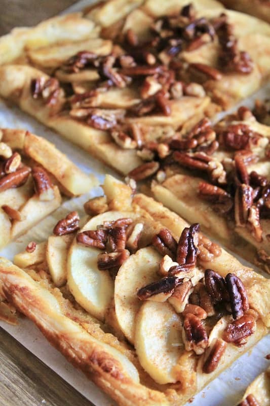 butter maple pecan puff pastry tart with apple