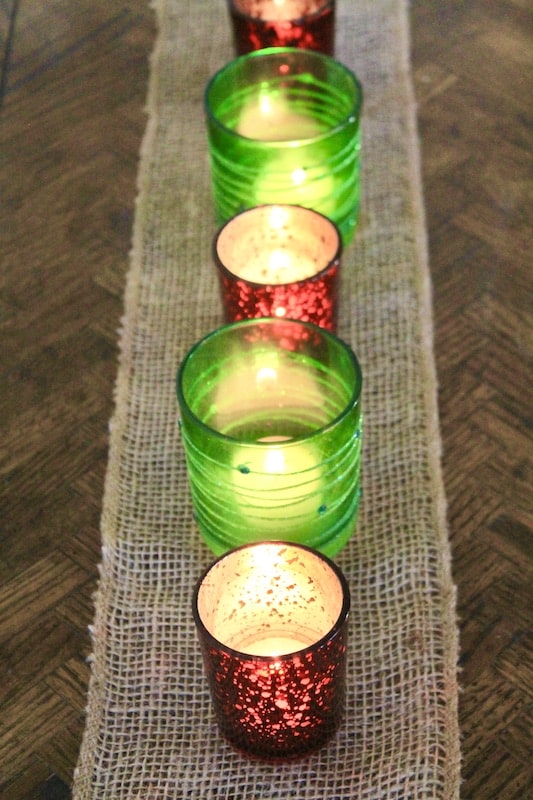 red and green votives table decor
