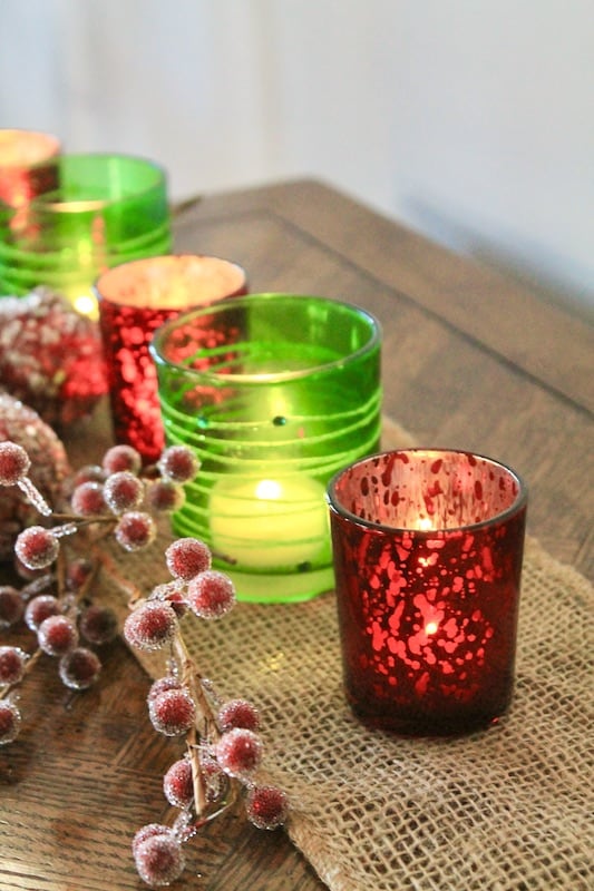 red and green votives christmas table decor