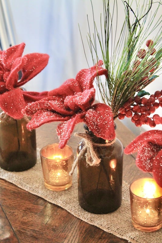 easy brown glass bottles with red poinsettias 