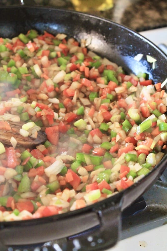 cook mirepoix vegetables in same skillet to add to jambalaya sausage recipe