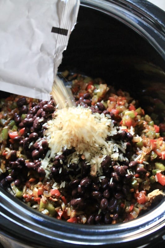 add packet of zatarains rice mix to slow cooker with beans