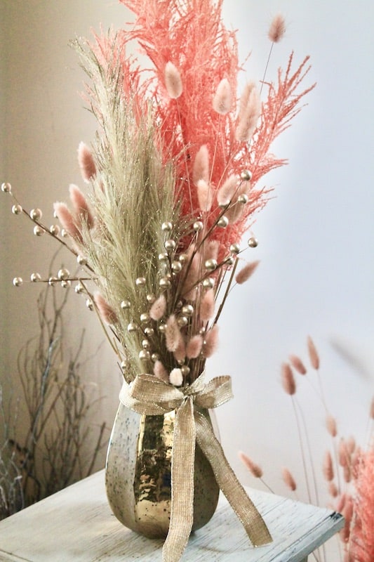 gold and rose gold pampas grass new years eve centerpiece vase