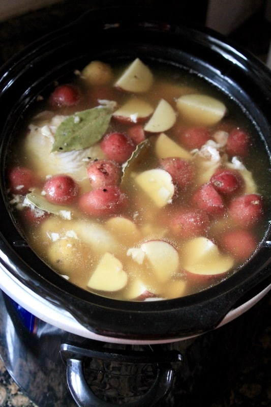 season with bay leaves, salt, pepper, and other seasonings and cover to cook on low 8 hours