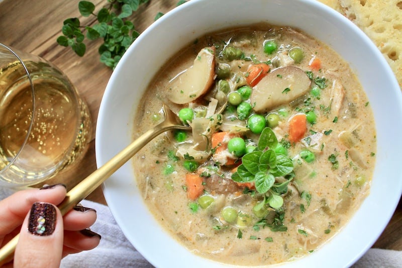 put all ingredients except flour and cream in slow cooker to cook