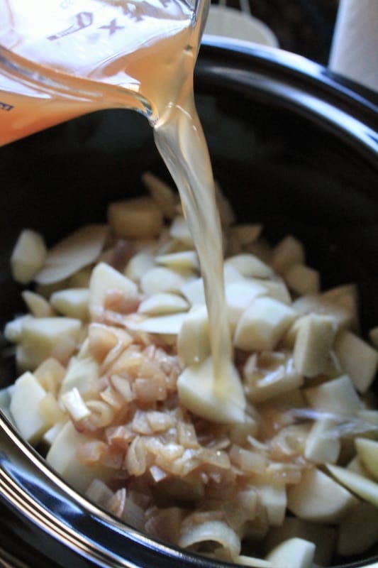 pour in vegetables stock and season with white pepper coarse sea salt