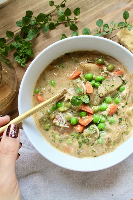 enjoy this easy slow cooker creamy chicken soup with potatoes made in the crock pot