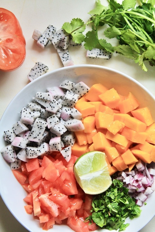 dragon fruit mango salsa with grilled fish