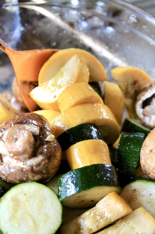 toss veggies and muchrooms in Worcestershire sauce olive oil garlic powder onion powder
